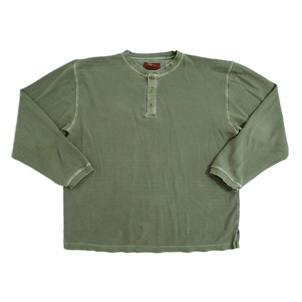 Bob Timberlake Men's Large Henley Thermal Shirt Long Sleeve Layer Green Distress